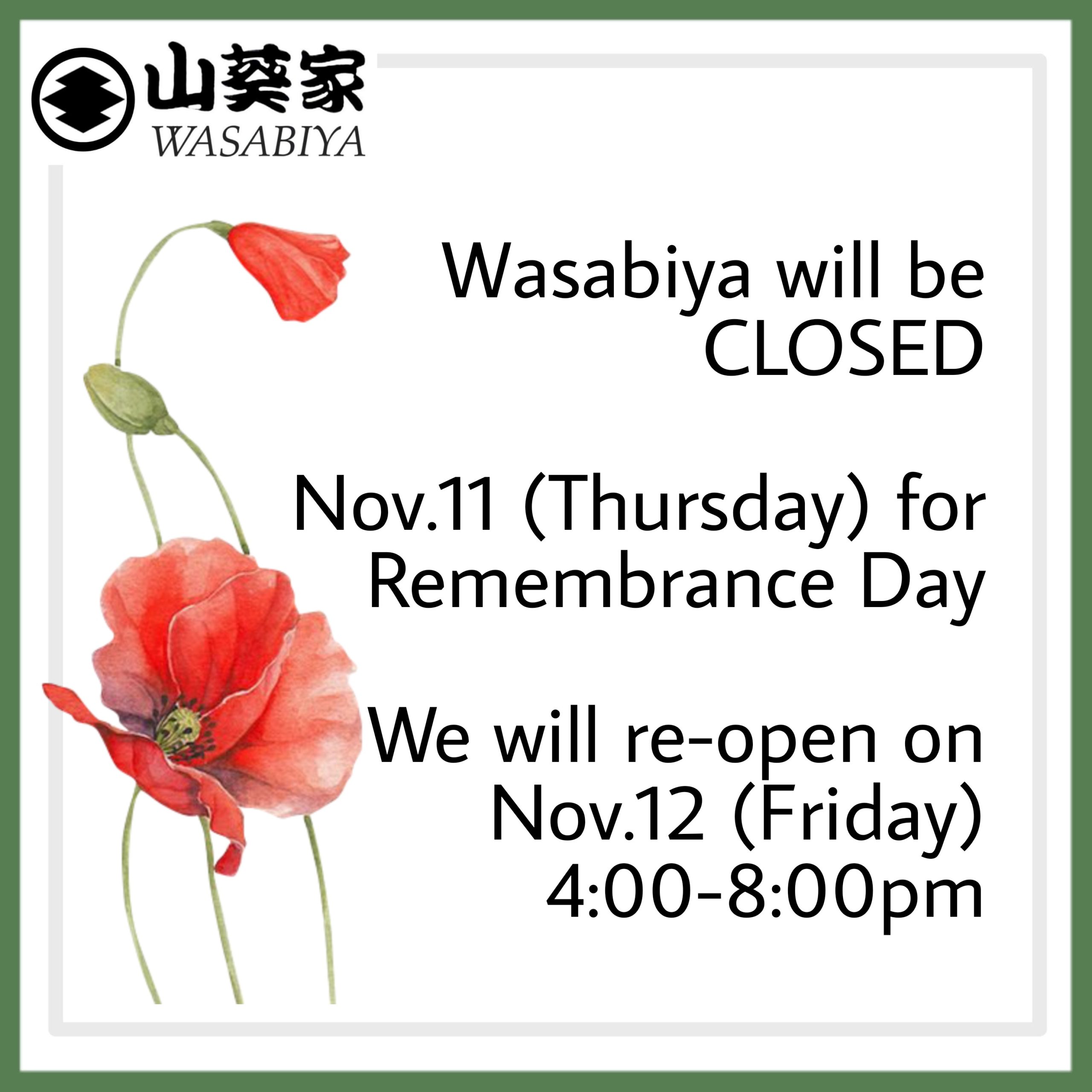 Read more about the article Remembrance Day – Restaurant Closure
